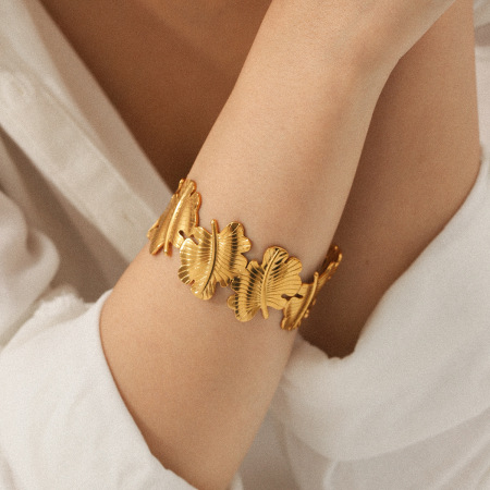 Bracelet jonc pour femme Daily Leaf en acier inoxydable, étanche, couleur or (1 pièce)