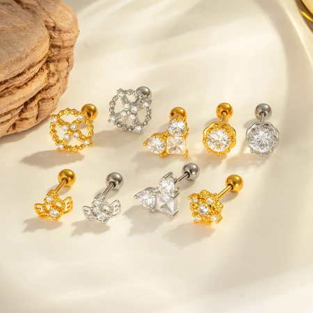 Boucle d'oreille piercing en forme de cœur, étoile, cuivre, or et zircon
