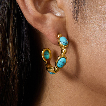 1 paire de boucles d'oreilles créoles élégantes pour femme, en acier inoxydable doré et ornées de pierres naturelles.
