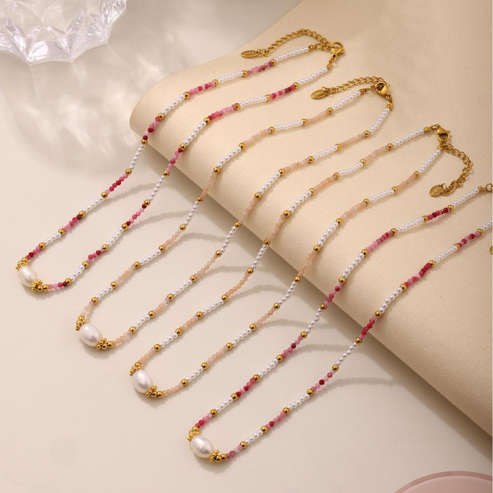 Collier Classique Pour Femme En Acier Inoxydable, Étanche, Couleur Or, Orné De Pierres Naturelles (1 Pièce) h5Image7