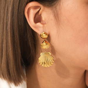 Boucles D'Oreilles Pendantes Pour Femme, Collection Simple Series Daily Shell, En Acier Inoxydable Étanche, Couleur Or (1 Paire). h5 Image4