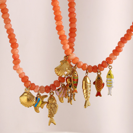 Collier de perles pour femme, 1 pièce, luxueux, en pierres naturelles, couleur or, motif poisson 2