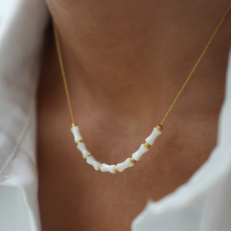 Collier chaîne rétro en acier inoxydable, couleur or, orné de perles et de coquillages (1 pièce)