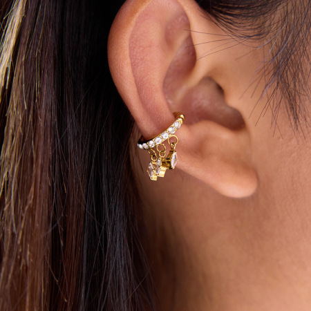 Boucle d'oreille manchette élégante en acier inoxydable imperméable avec pompon en forme de losange et zircon pour femme (1 pièce)