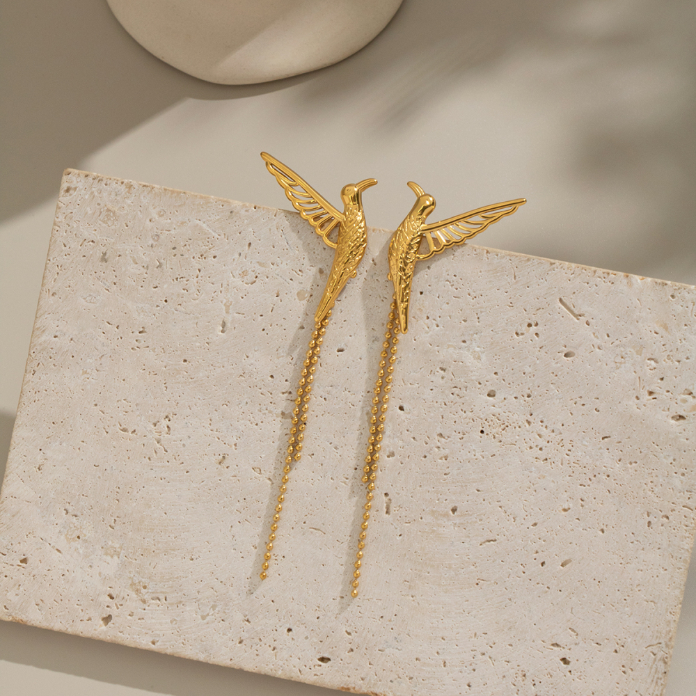 Boucles D'Oreilles À Clous En Acier Inoxydable Doré, Motif Oiseaux (1 Paire) Image4
