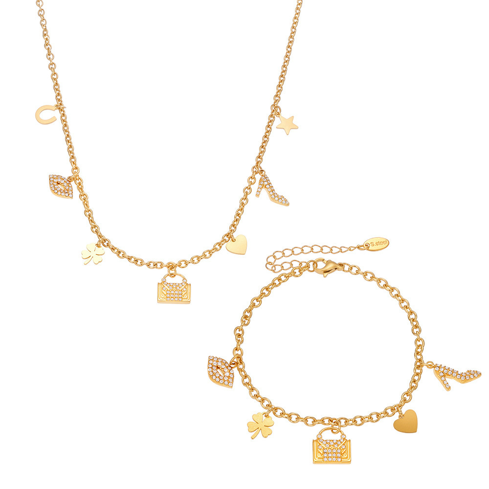 Ensembles De Bijoux Pour Femmes En Acier Inoxydable Imperméable, Motif Cœur Et Trèfle, Couleur Or. Image7