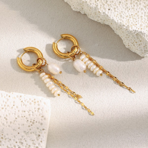 Boucles D'Oreilles Pendantes Élégantes Pour Femme, En Acier Inoxydable Doré, Avec Perles Et Pompons. 1 Paire. h5 Image5