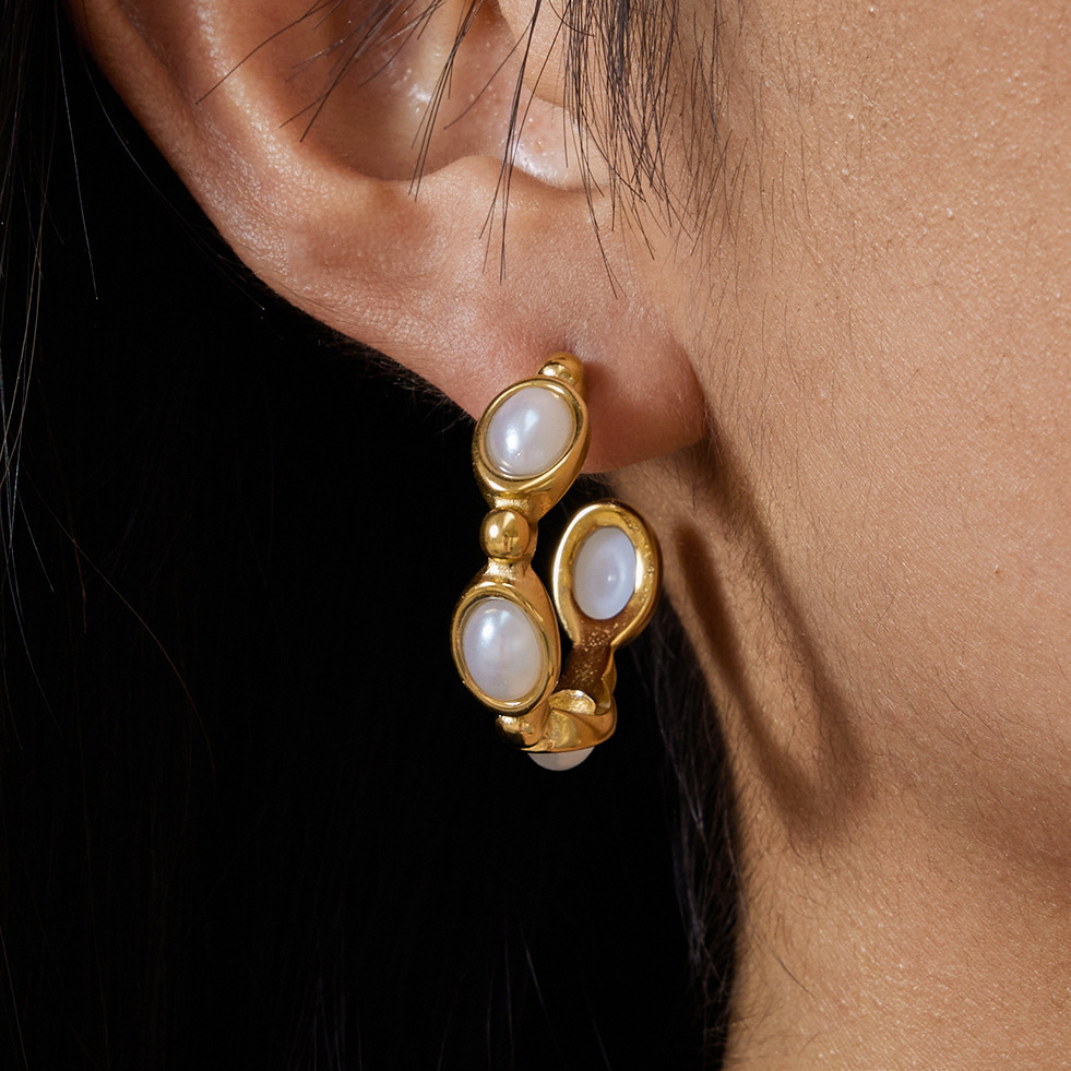 1 Paire De Boucles D'Oreilles Créoles Élégantes Pour Femme, En Acier Inoxydable Doré Et Ornées De Pierres Naturelles. Image4