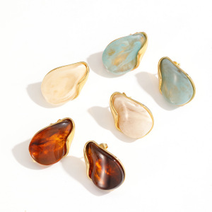 1 Paire De Boucles D'Oreilles Puces Pour Femmes, En Acier Inoxydable Imperméable, Couleur Or, Forme De Goutte Irrégulière, En Acrylique. h5 Image4