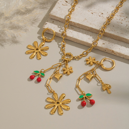Ensemble collier et collier romantique en acier inoxydable couleur or, orné d'un motif de cerisier.