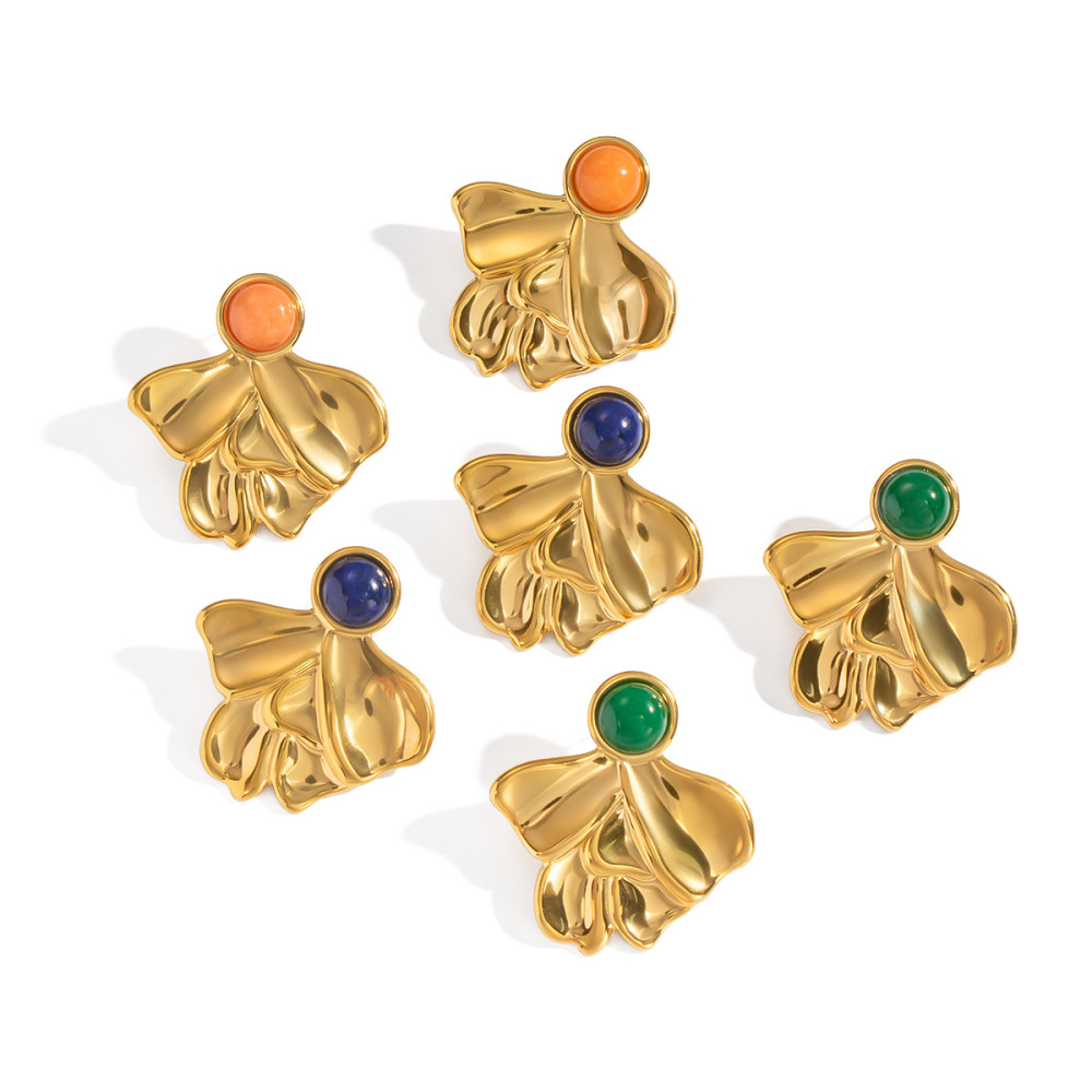 Boucles D'Oreilles Puces Pour Femme, En Acier Inoxydable Doré, Imperméables, De Forme Irrégulière Et Serties De Pierres Naturelles (1 Paire). Image5
