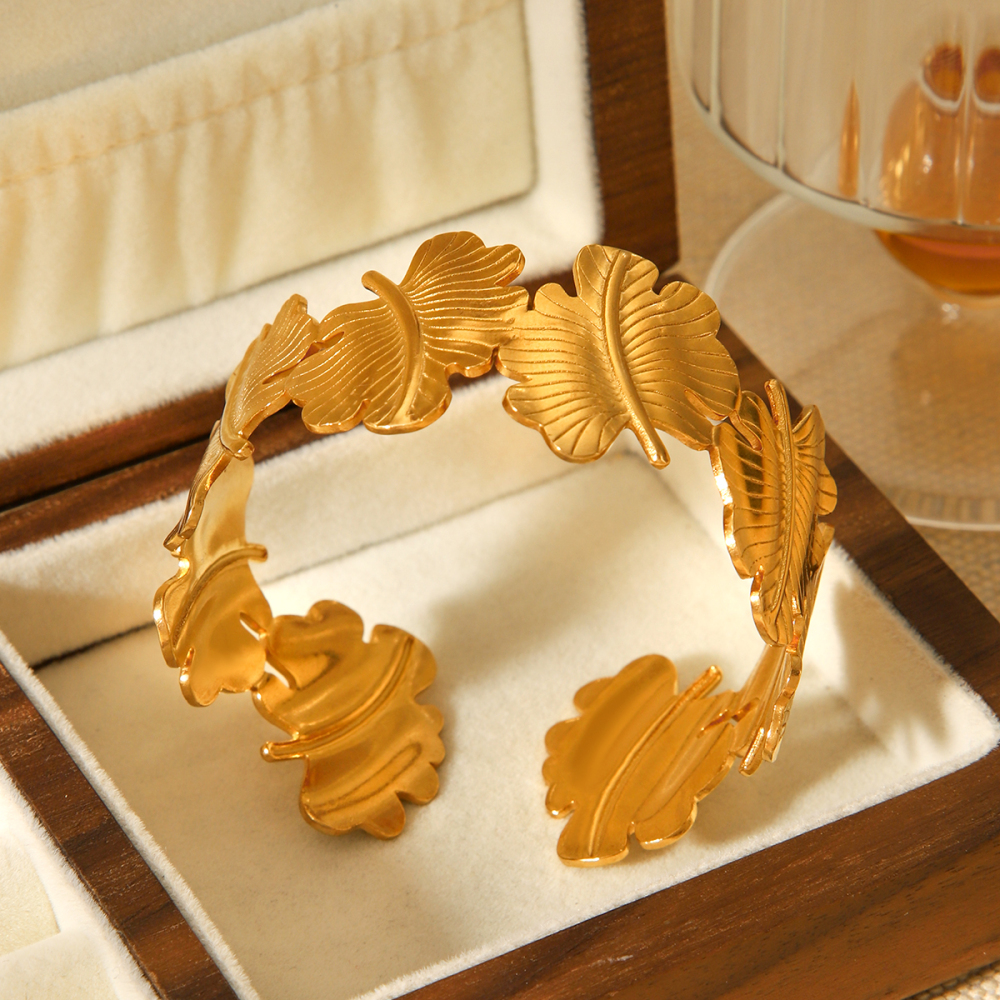 Bracelet Jonc Pour Femme Daily Leaf En Acier Inoxydable, Étanche, Couleur Or (1 Pièce) Image6
