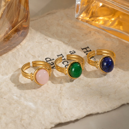 Bague rétro ronde en acier inoxydable étanche couleur or avec pierre naturelle pour femme (1 pièce)