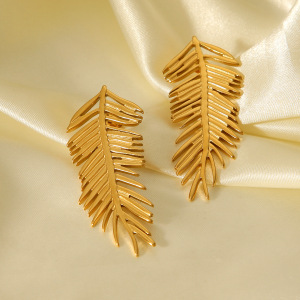 Boucles D'Oreilles Puces Daily Leaf Pour Femme, En Acier Inoxydable Étanche, Couleur Or (1 Paire). h5 Image5