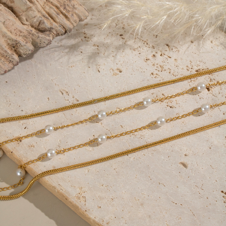 Collier à plusieurs rangs de perles, en acier inoxydable étanche couleur or 2