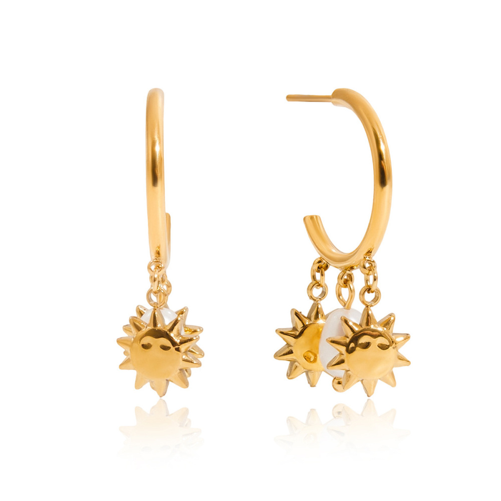 1 Paire De Boucles D'Oreilles Créoles Luxueuses Sun En Acier Inoxydable Étanche Couleur Or Avec Perles Pour Femmes 