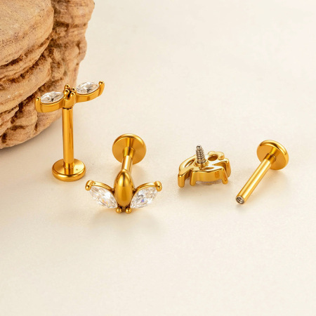 Boucle d'oreille piercing en forme de feuille, en acier inoxydable, étanche, couleur or, avec zircon. 2