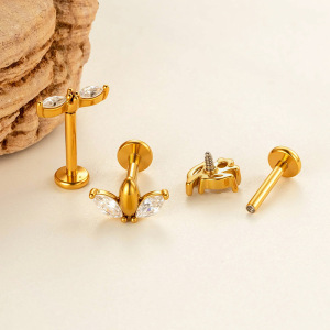 Boucle D'Oreille Piercing En Forme De Feuille, En Acier Inoxydable, Étanche, Couleur Or, Avec Zircon. h5 Image3