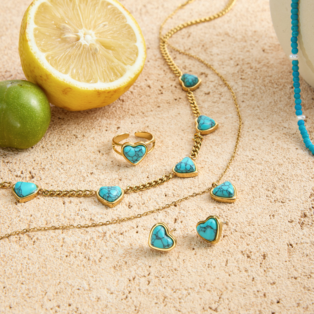 Ensembles De Bijoux Pour Femmes En Acier Inoxydable Imperméables, Motif Cœur Classique En Calaïte Image5