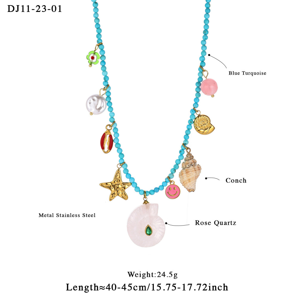 Collier De Perles Romantique Pour Femme, En Acier Inoxydable, Couleur Or, Avec Coquillage, Pierre Naturelle Et Pierres Naturelles (1 Pièce) Image2