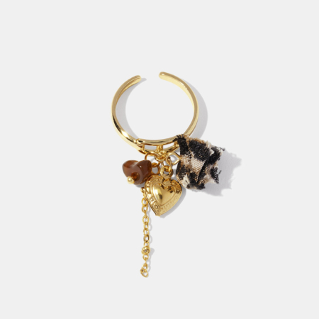 Bague tendance en acier inoxydable imperméable avec tissu léopard et motif cœur, couleur or 2