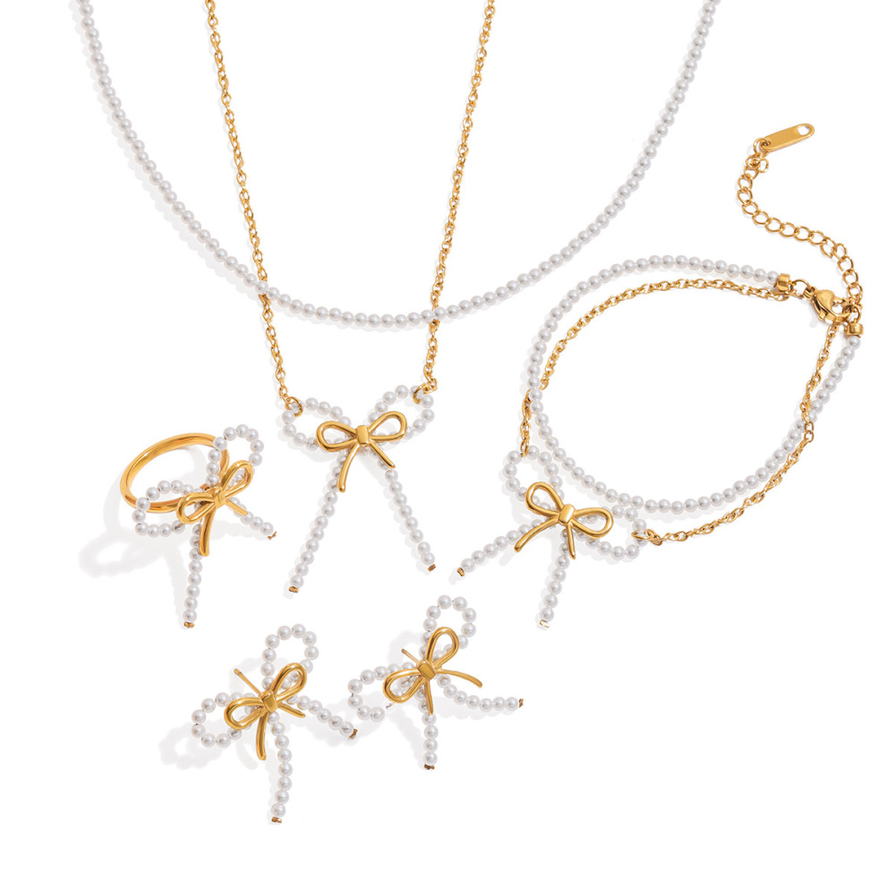 Ensembles De Bijoux Pour Femmes En Acier Inoxydable Imperméable Avec Nœud Papillon, Série Romantique, Couleur Or Image7