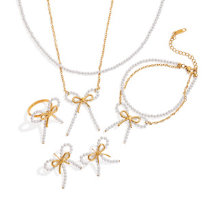 Ensembles De Bijoux Pour Femmes En Acier Inoxydable Imperméable Avec Nœud Papillon, Série Romantique, Couleur Or h5 Image7