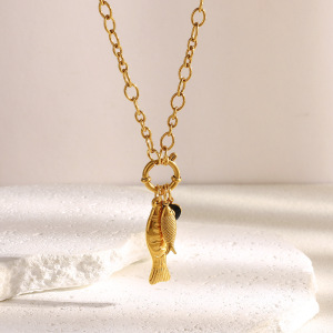 Collier Pendentif Femme En Acier Inoxydable Doré, Motif Poisson D'Été (1 Pièce) h5 Image4