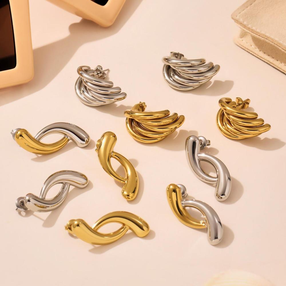 1 Paire De Boucles D'Oreilles Puces Pour Femme, En Acier Inoxydable De Forme Irrégulière, Étanches, Couleur Or h5Image2
