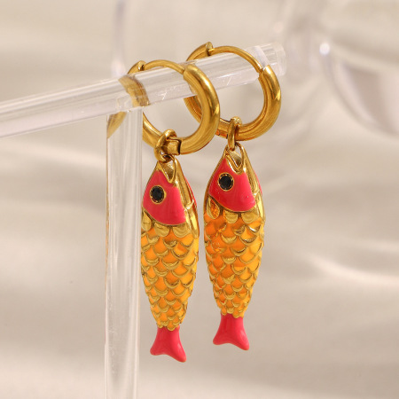 Boucles d'oreilles pendantes pour femme, motif poissons éclatants, en acier inoxydable étanche, couleur or (1 paire). 2