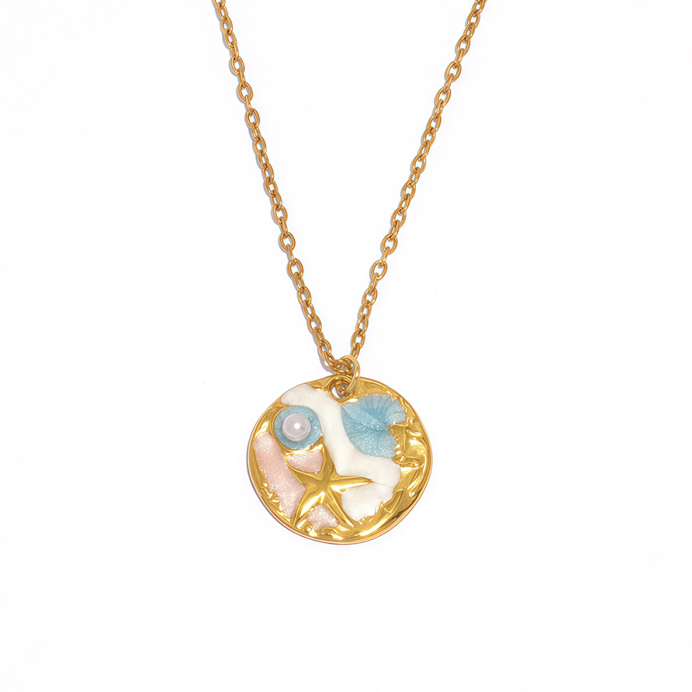 Collier Pendentif Femme 1 Pièce En Acier Inoxydable Étanche Couleur Or, Motif Cercle Océanique 