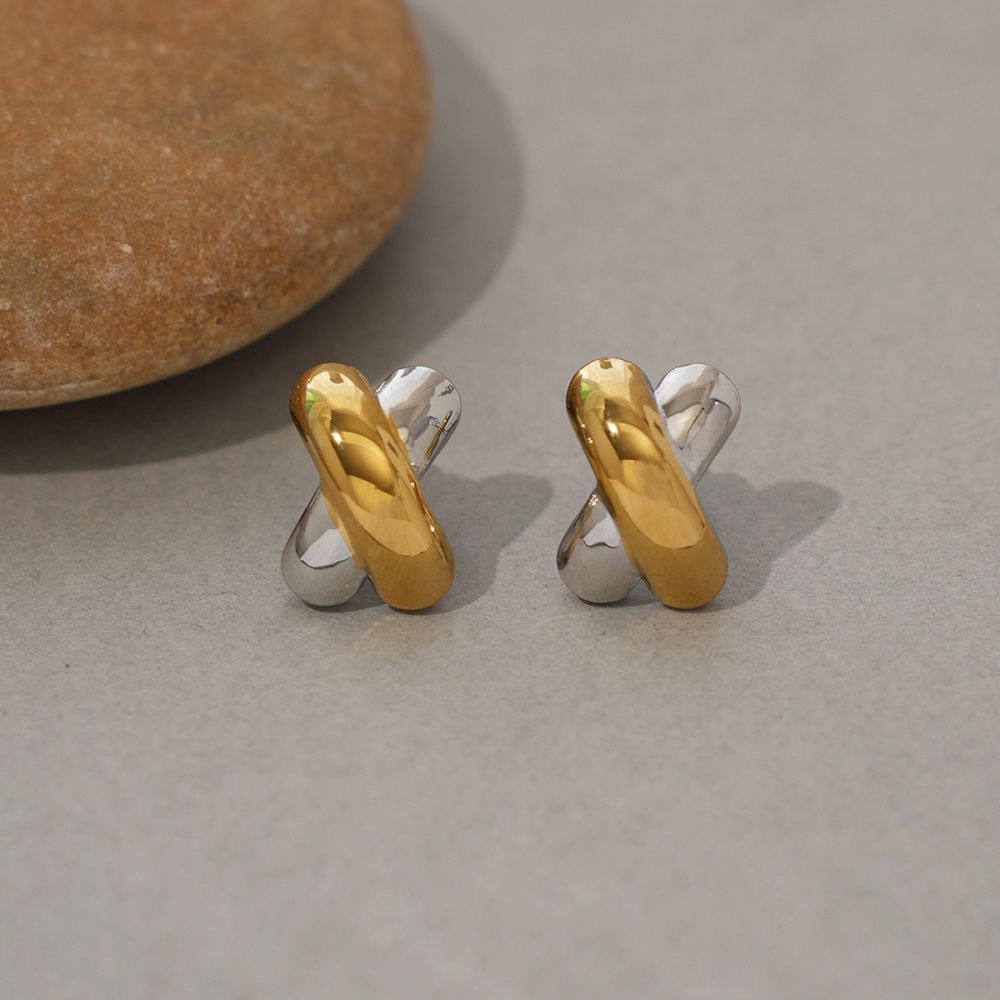 Boucles D'Oreilles Puces Pour Femme, Collection Simple Series Daily Patchwork, En Acier Inoxydable Étanche, Couleur Or (1 Pièce). Image6