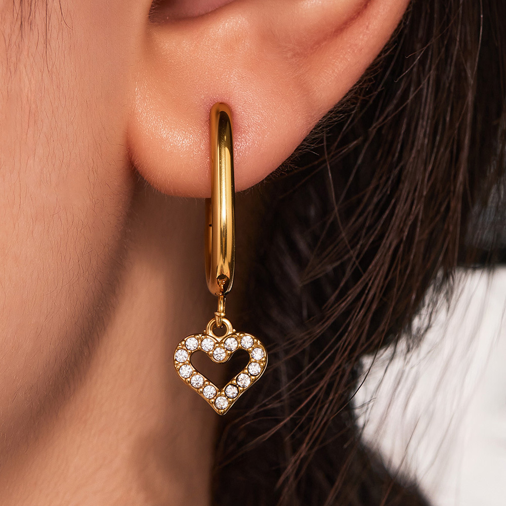 1 Paire De Boucles D'Oreilles Pendantes Pour Femme, En Acier Inoxydable Doré, Ornées De Zircon Et Serties D'Un Cœur Exquis. Image3