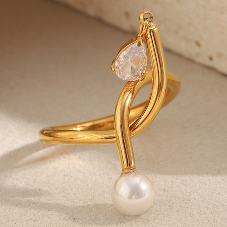 Bague pour femme en acier inoxydable torsadé, étanche, couleur or, sertie d'un zircon.