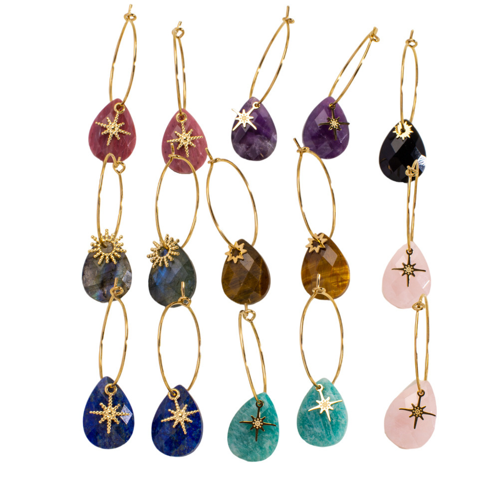 Boucles D'Oreilles Pendantes Pour Femme, En Acier Inoxydable Imperméable, Forme Simple Et Irrégulière, Serties De Pierres Naturelles (1 Paire). Image3