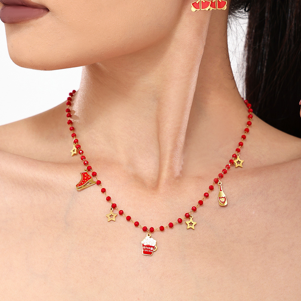 Ensembles De Bijoux Romantiques De Noël Pour Femmes En Acier Inoxydable Imperméable Et Grenat Image4