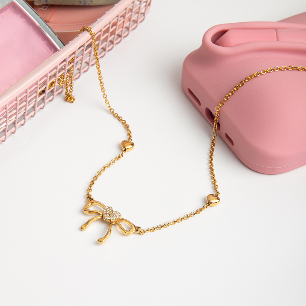 Collier Pendentif Femme En Acier Inoxydable Doré, Orné D'Un Nœud Papillon Romantique (1 Pièce) Image4