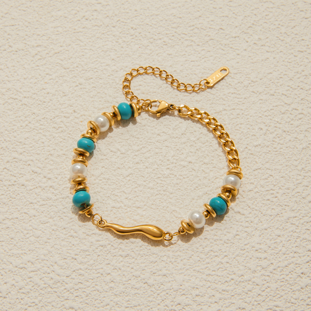 Bracelet Rétro En Perles De Calaïte, Chaîne En Acier Inoxydable Étanche, Couleur Or, Pour Femme (1 Pièce). Image6