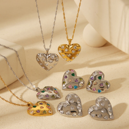 Ensemble de bijoux pour femme en acier inoxydable imperméable avec zircon et motif cœur romantique (1 pièce) 2