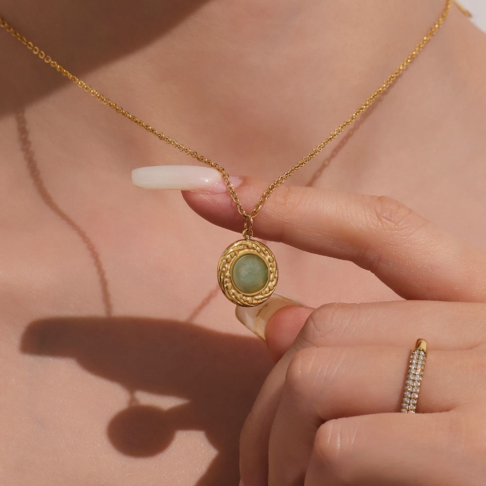 Colliers Pendentifs Ovales Élégants En Calaïte, Acier Inoxydable Et Étanches Pour Femmes Image3