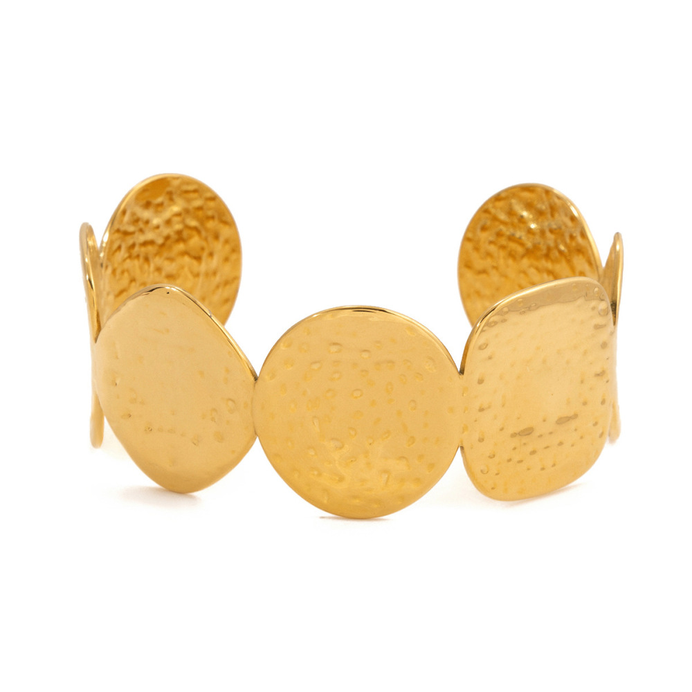Bracelet Manchette Classique Pour Femme, En Acier Inoxydable Doré, Motif Martelé Circulaire (1 Pièce). 