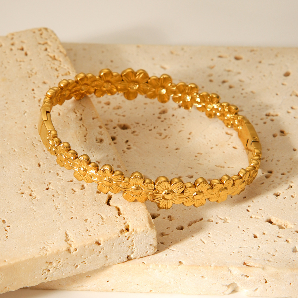 Bracelet Jonc Simple Pour Femme, Motif Floral Quotidien, En Acier Inoxydable Étanche, Couleur Or (1 Pièce) Image4