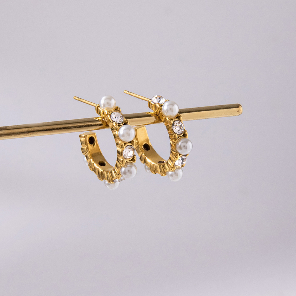 1 Paire De Boucles D'Oreilles Créoles Élégantes Pour Femme, En Acier Inoxydable Doré Étanche, Serties De Zircon. Image5