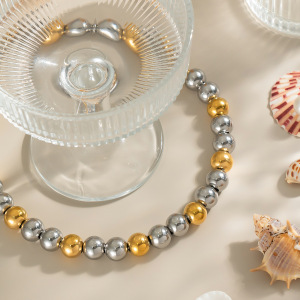 Collier De Perles Dorées En Acier Inoxydable Étanche, Composé D'Une Seule Pièce Et De Perles De Couleurs Assorties h5 Image3