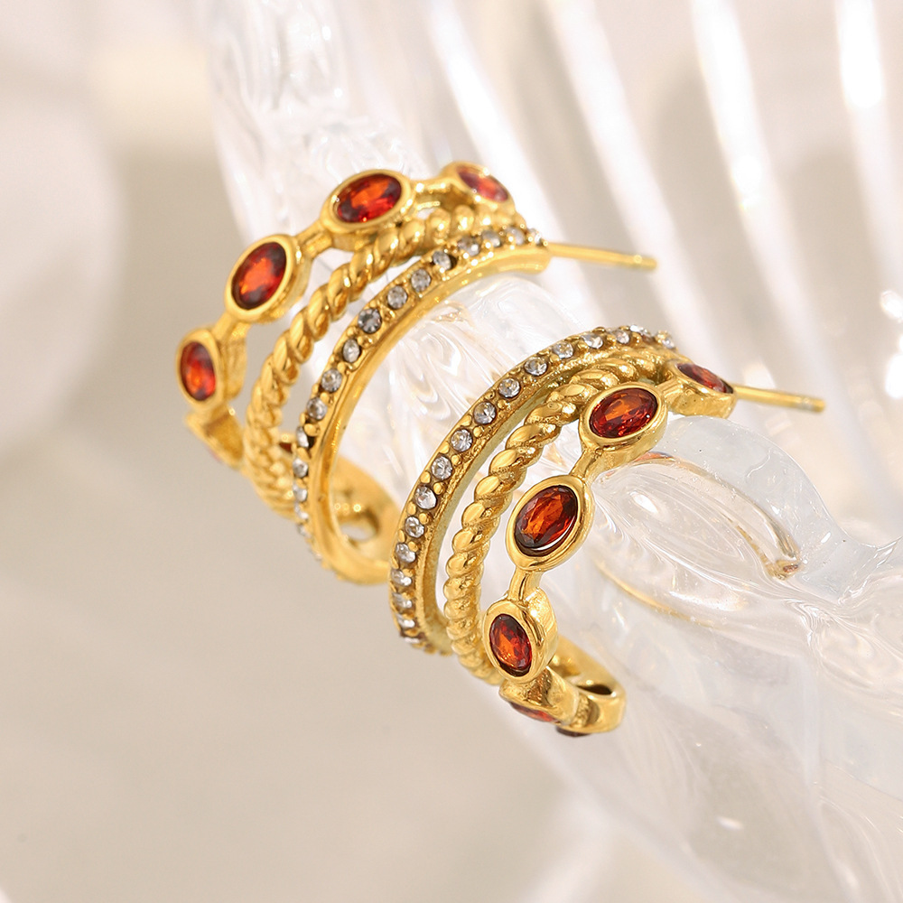 1 Paire De Boucles D'Oreilles Créoles Classiques Pour Femme, En Acier Inoxydable Étanche, Couleur Or, Avec Zircon Rouge Image7