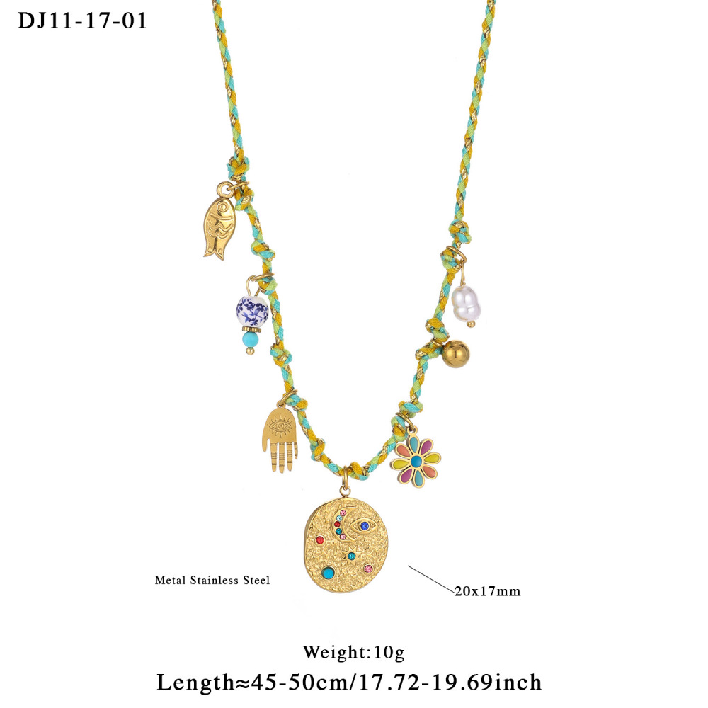 Collier Tressé Pour Femme, En Acier Inoxydable, Couleur Or, Avec Motif Floral Éclatant (1 Pièce) Image2