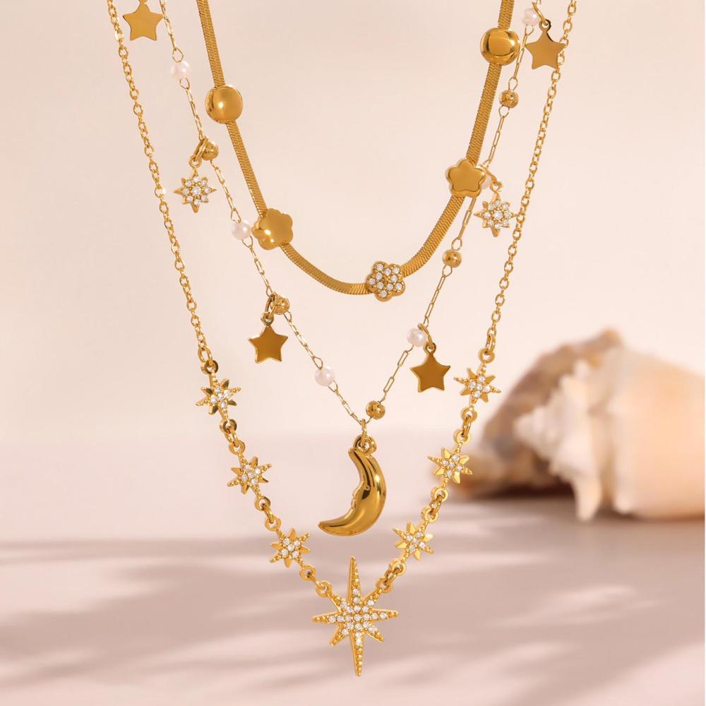 Collier Pendentif Femme Luxueux En Acier Inoxydable Doré, Orné D'Une Étoile (1 Pièce) Image2