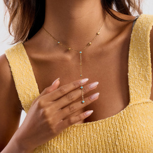Collier Pendentif Minimaliste Rond En Acier Inoxydable, Étanche, Couleur Or, Avec Pierre Naturelle (1 Pièce) h5 Image4