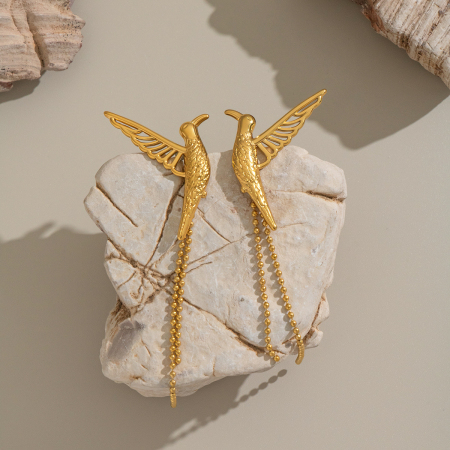 Boucles d'oreilles à clous en acier inoxydable doré, motif oiseaux (1 paire)
