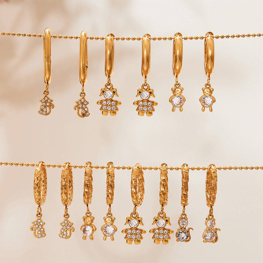 1 Paire De Boucles D'Oreilles Pendantes Pour Femme, Motif Singe Mignon, En Acier Inoxydable, Couleur Or, Étanches, Avec Zircon. Image4